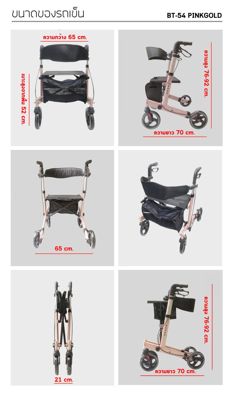 รถเข็นช่วยเดิน พยุงเดิน ผู้สูงอายุ คนชรา ผู้ป่วย Rollator รุ่น BT-54-Pinkgold